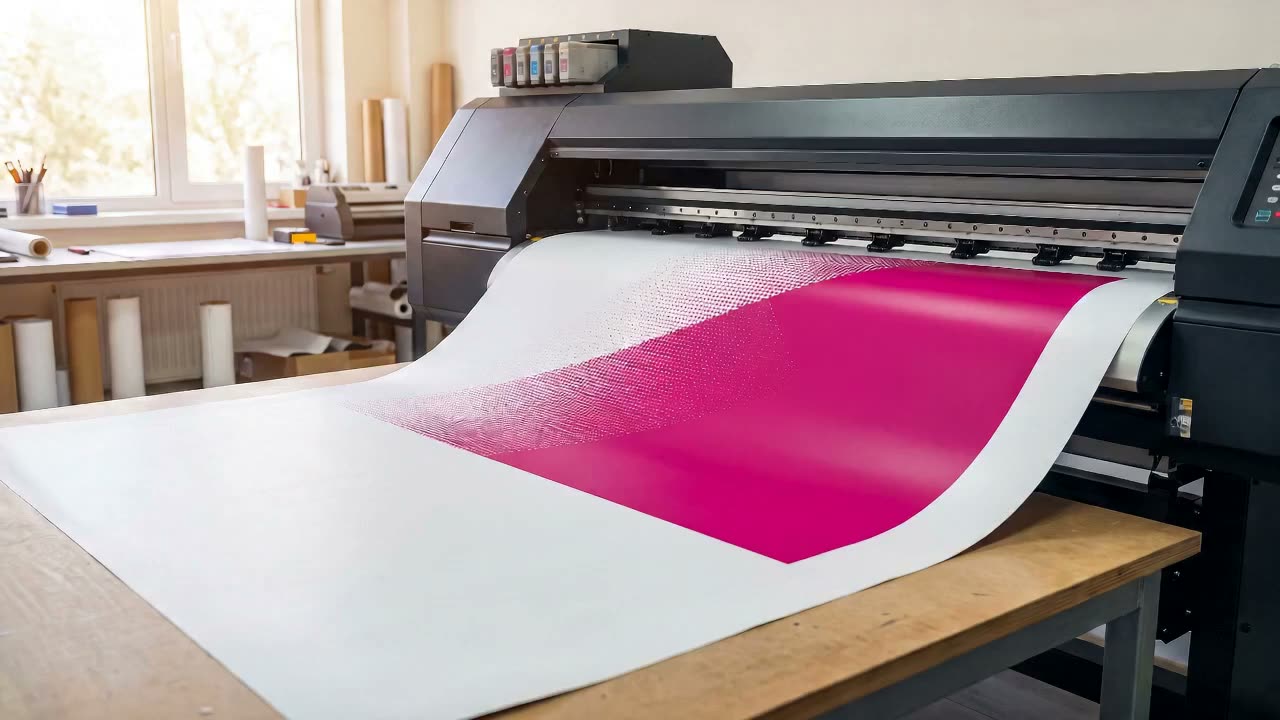 Nagy formátumú nyomtató magenta festéket nyomtat fehér vinyl anyagra
